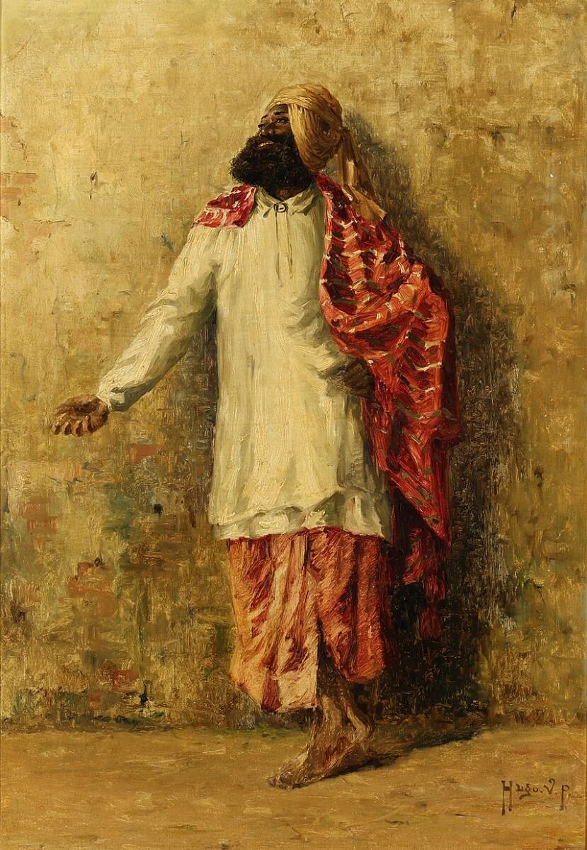 “Storyteller. Beggar from the Sikh Tribe”. Signed Hugo V. P. Oil on canvas. 73×71 cm. — Paintings — Bruun Rasmussen