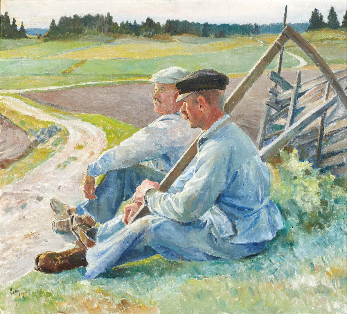 KARL ÖRBO. Skördearbetare, signerad och daterad 1939, olja på pannaå. — Paintings — Crafoord Auktioner Stockholm