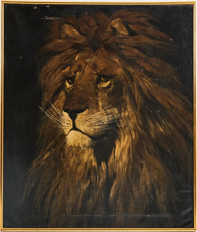 AXEL BORG (1847-1916). Lejon, signerad Axel Borg, etikettmärkt Kunstauktion Pansarbåten 1912, påskrift a tergo, olja på duk.