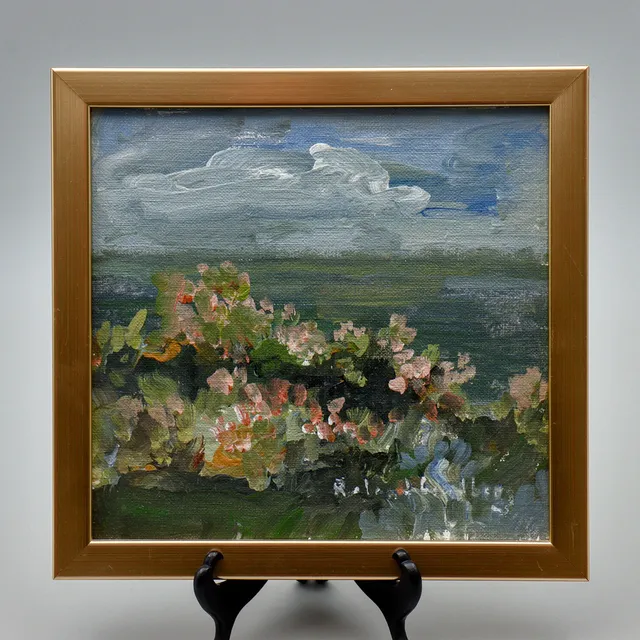 ROLAND LINDBERG. OLJA PÅ PANNÅ "BLOMMANDE STRAND", SIGNERAD.