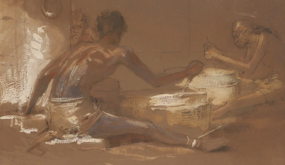 EGRON LUNDGREN. Tillskriven, blandteknik, "Natives Grinding Flour". — Paintings — RA Auktionsverket Norrköping