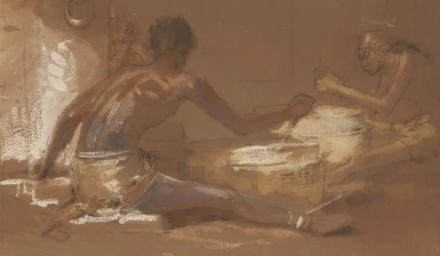 EGRON LUNDGREN. Tillskriven, blandteknik, "Natives Grinding Flour".