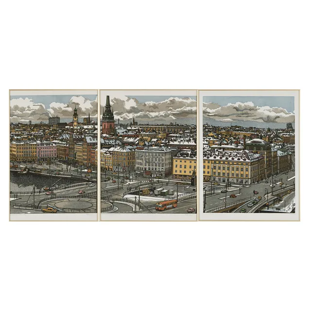 SVENOLOV EHRÉN. Utiskt från Slussen mot Gamla Stan, triptyk, färglitografi.