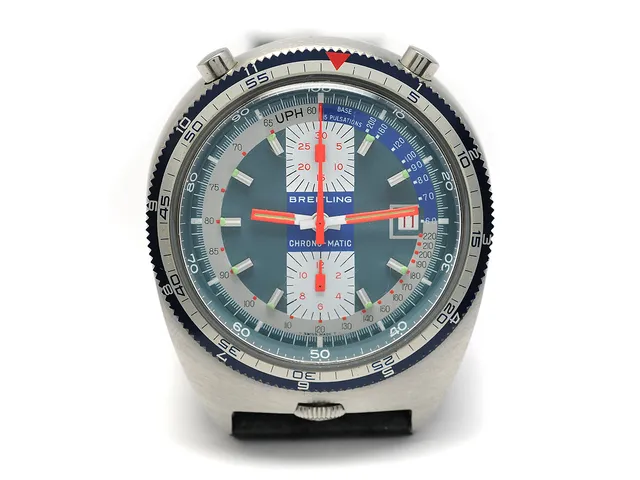 BREITLING, Chrono-Matic, s.k. "Pult Bullhead", Cal 12, Ref nr. 2117, Boett nr. 1370796, kronograf, herrur, 42 x 45,5 (49) mm, stål, automatisk, plexiglas, datum, läderband, ca 1971.