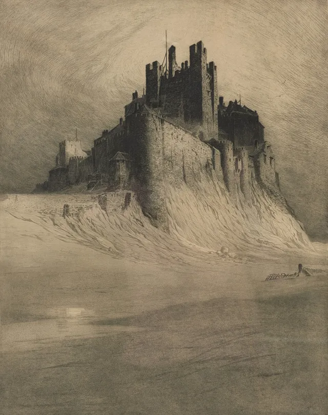 AXEL TALLBERG. Bamburgh Castle in Northumberland, signerad i blyerts, etsning.