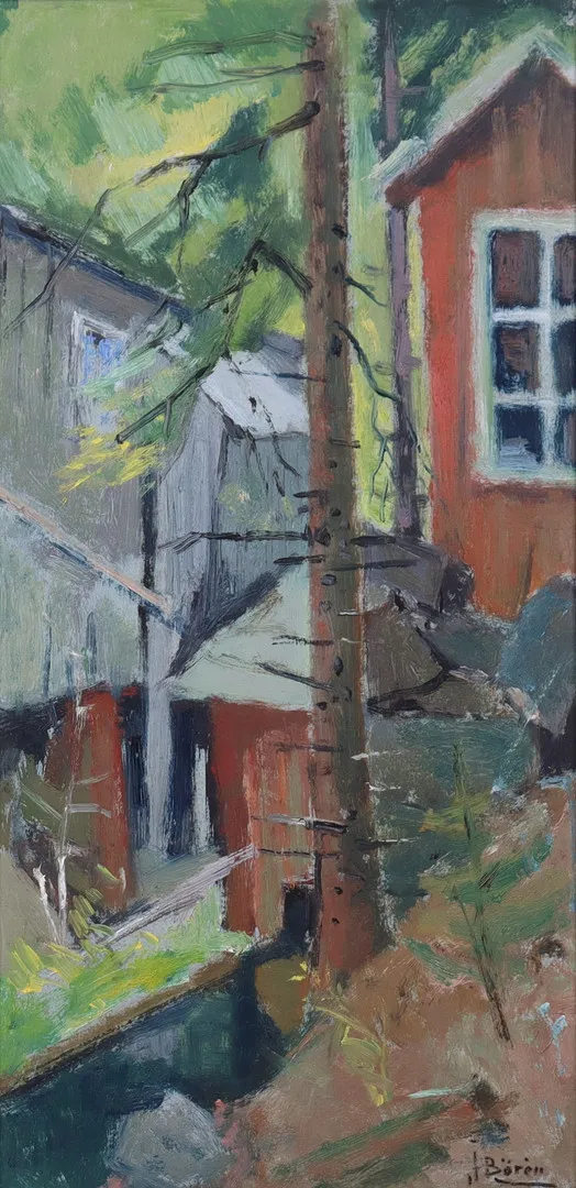 JOHN BÖRÉN. olja på pannå, "Såg i skogen Smål", motiv från Småland.