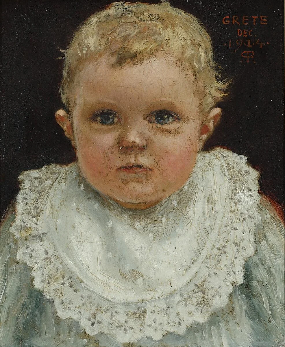 “Grete”. Portrait of the artist's daughter, Grete. Signed with monogram and dated 1924. Oil on canvas. 25×21.5 cm. — Paintings — Bruun Rasmussen