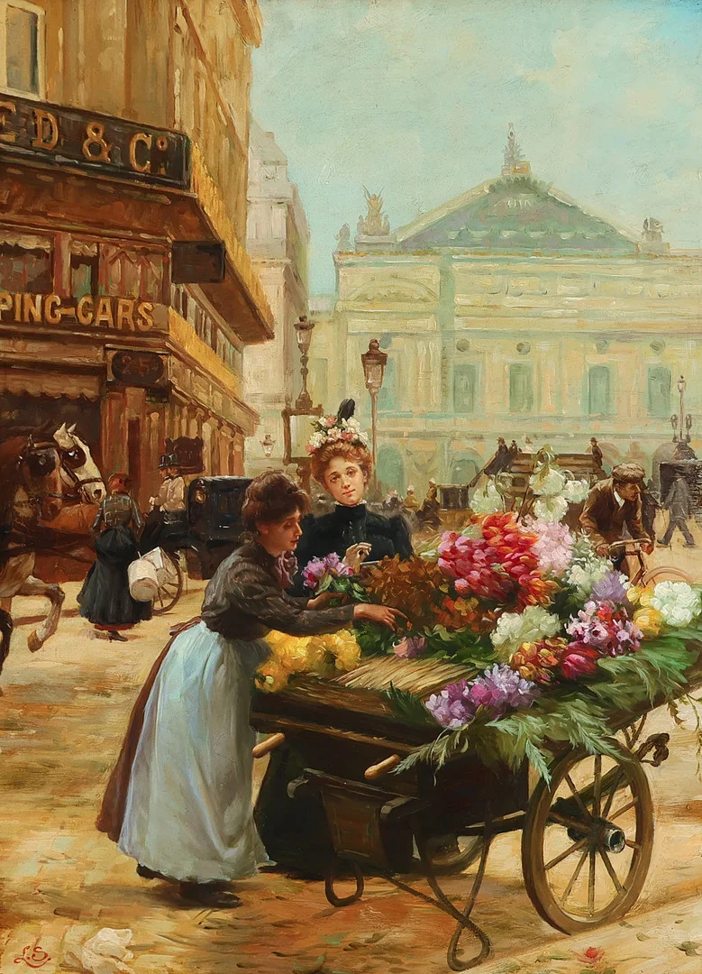 UBEKENDT KUNSTNER. Motiv med blomstersælger foran Opera Garnier i Paris, olie på plade, signeret, 1900 tallets anden halvdel, ældre guldramme. — Paintings — Palsgaard Kunstauktioner