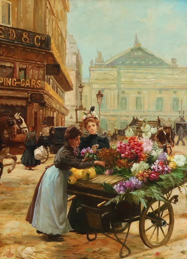UBEKENDT KUNSTNER. Motiv med blomstersælger foran Opera Garnier i Paris, olie på plade, signeret, 1900 tallets anden halvdel, ældre guldramme.