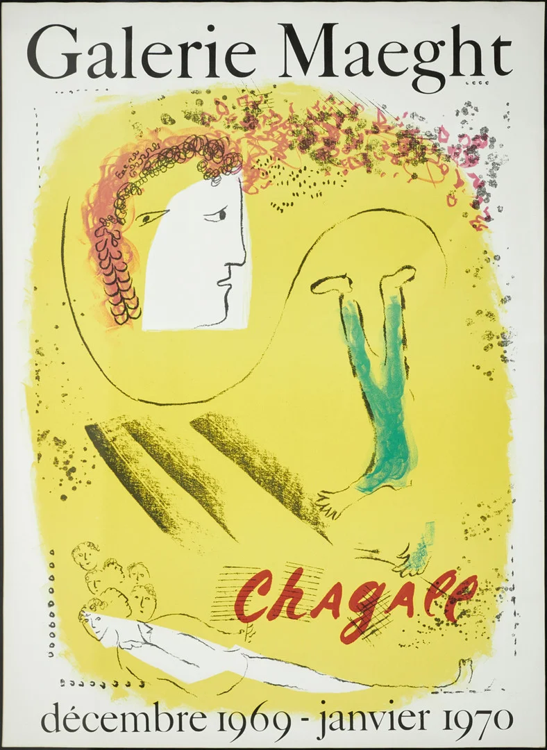 MARC CHAGALL. Utställningsaffisch "Le fond Jaune", Galerie Maeght, 1969, färglitografisk affisch. — Engravings & Prints — Crafoord Auktioner Stockholm