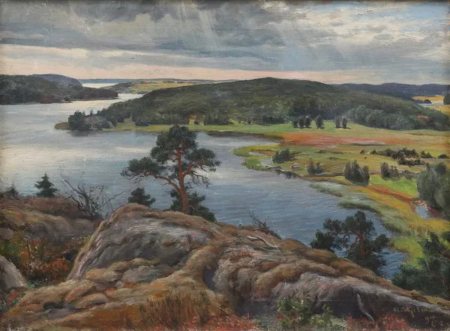 AXEL HJELM (1868-1944). Utsikt öfver Hästnäset, Länna, olja på duk, signerad och daterad -97.