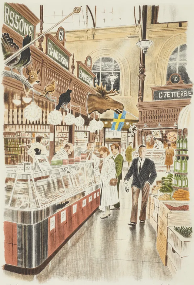 LARS HOLM (FÖDD 1956). Östermalmshallen - Stockholm, signerad och numrerad 37/350, färglitografi.