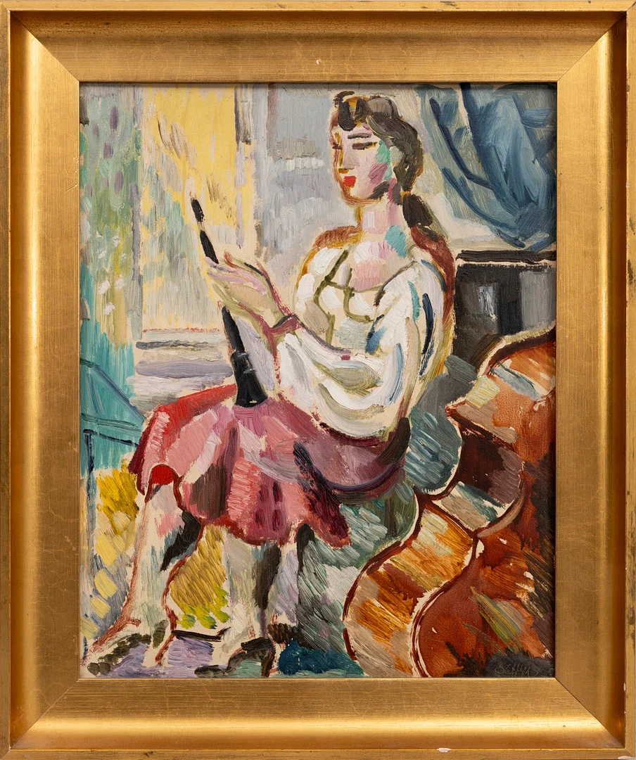 JULES SCHYL. Kvinna med klarinett, olja på pannå, signerad Schyl samt signerad och daterad a tergo 1940 (1). — Paintings — Auktionshuset Kolonn