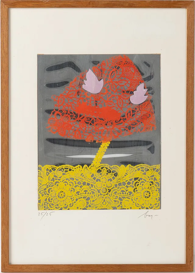 ENRICO BAJ. Komposition, färgseriegrafi på folie.