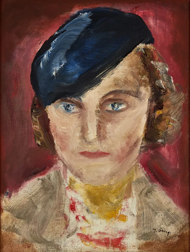JOSEF ÖBERG (1890-1967). Kvinna med blå huvudbonad, signerad J. Öberg, olja, duk på pannå.