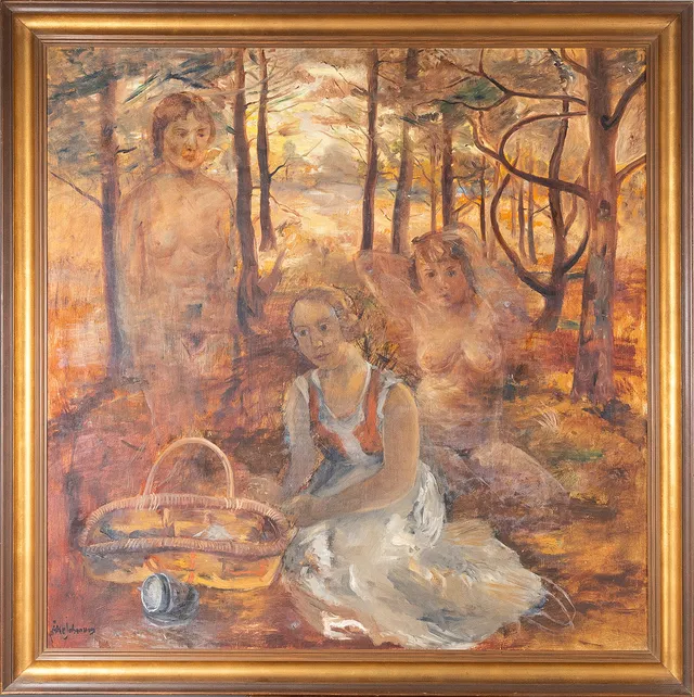 ÅKE JOHANSSON. Olja på pannå, motiv med kvinnofigurer.