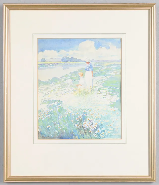 A** M** WALTERS (FL.C.1900-1910). PICKING DAISIES BY A RIVER.