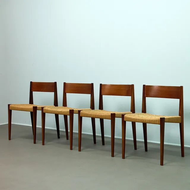 POUL CADOVIUS. Royal System, vier Stühle / Esszimmerstühle, Teak, Papierkordel, 1960er Jahre, Dänemark (4).