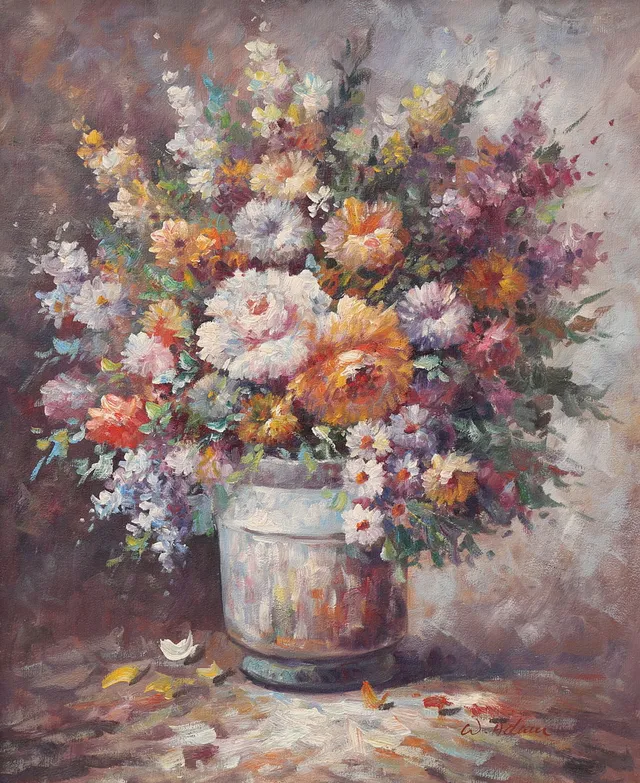 OIDENTIFIERAD KONSTNÄR. Blomsterstilleben, olja på duk, signerad W. Adam.