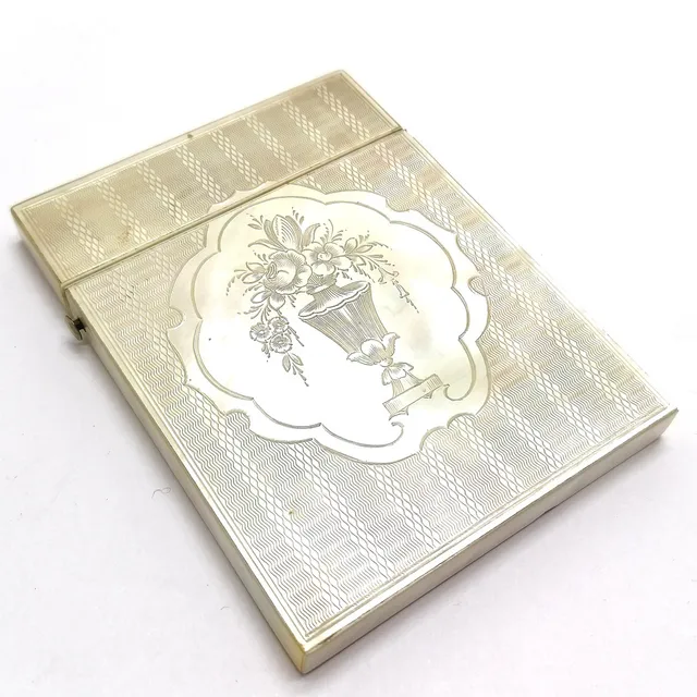 ANTIQUE MOTHER OF PEARL CARD CASE WITH PROFUSE DECORATION.