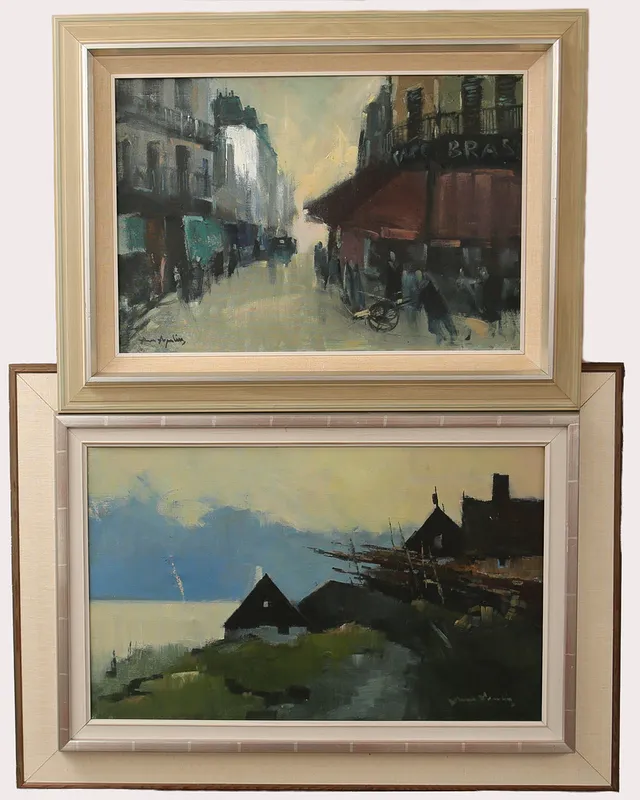ARNE ASPELIN. Olja på duk, gatumotiv i Paris, samt hus vid sjön signerade, 2 stycken.