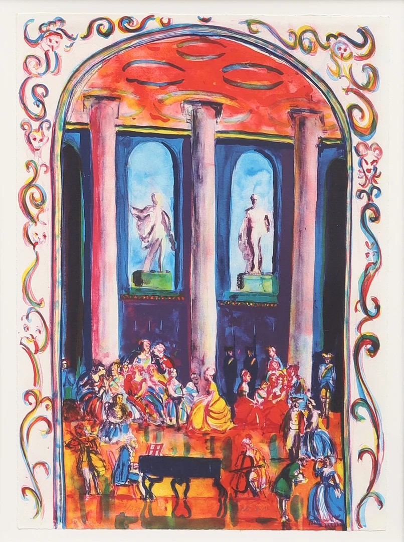 PETER DAHL. Komposition ur mappen "Danstillställning i det kejserliga palatset i Caribanus", litografi, signerad och numrerad 236/375. — Engravings & Prints — Crafoord Auktioner Malmö