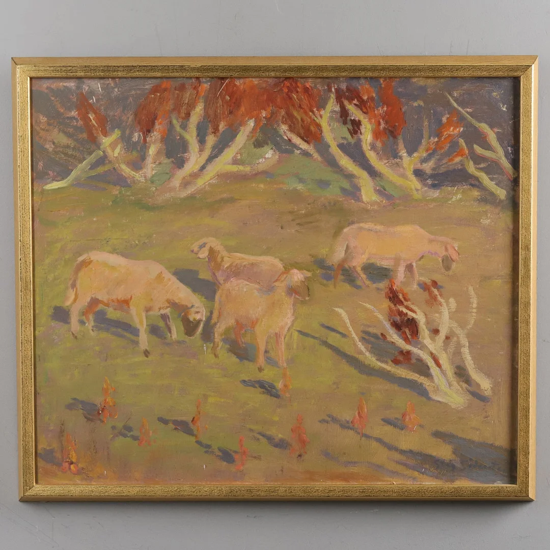 STIG SÖDERSTEN. OLJA PÅ PANNÅ, "Får", signerad. — Paintings — Örebro Stadsauktioner