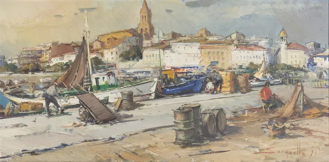 JOSEP SARQUELLA. Port view, probably Palamós.