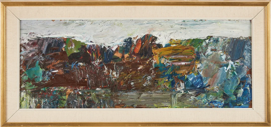 PER FALK (1924-1982). Abstrakt landskap, olja på pannå, signerad. — Paintings — Stockholms Auktionsverk Magasin 5