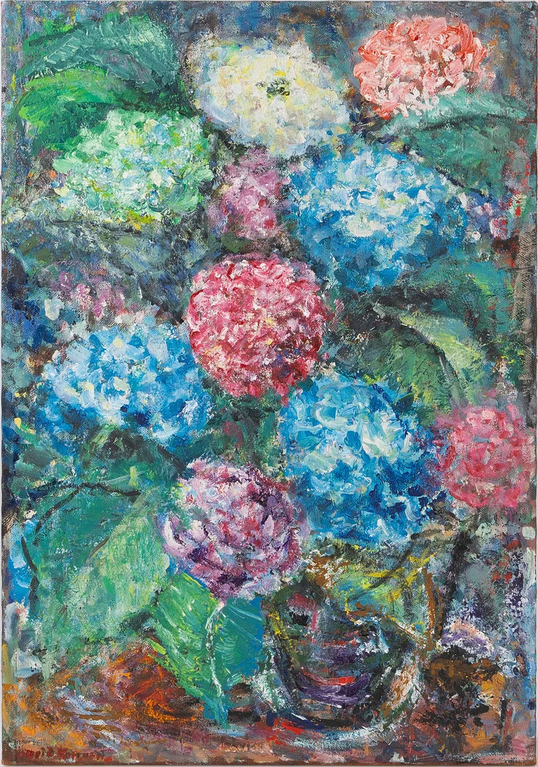 INGRID KOPPANG. "Hortentia", akryl på duk, signerad a tergo. — Paintings — Stockholms Auktionsverk Helsingborg