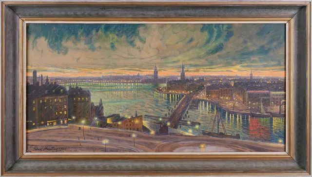 GABRIEL STRANDBERG (1885-1966). Stockholmsmotiv, gouache och blandteknik på pannå, signerad Gabriel Strandberg, daterad år 1944.