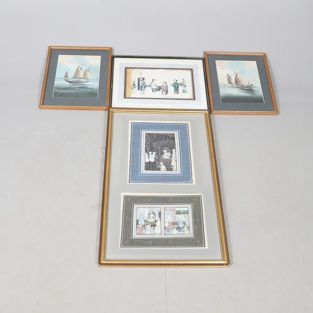 TWO 20TH CENTURY MUGHAL STYLE INDIAN WATERCOLOURS OF ROYAL COURT SCENES; A CHINESE PAINTING ON PITH PAPER; TWO CHINESE WATERCOLOURS OF JUNKS (4).