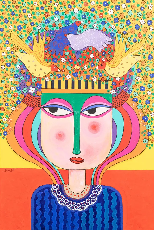 BENNO ARZT. "Birds and flowers in my hair", akryl på duk, signerad.