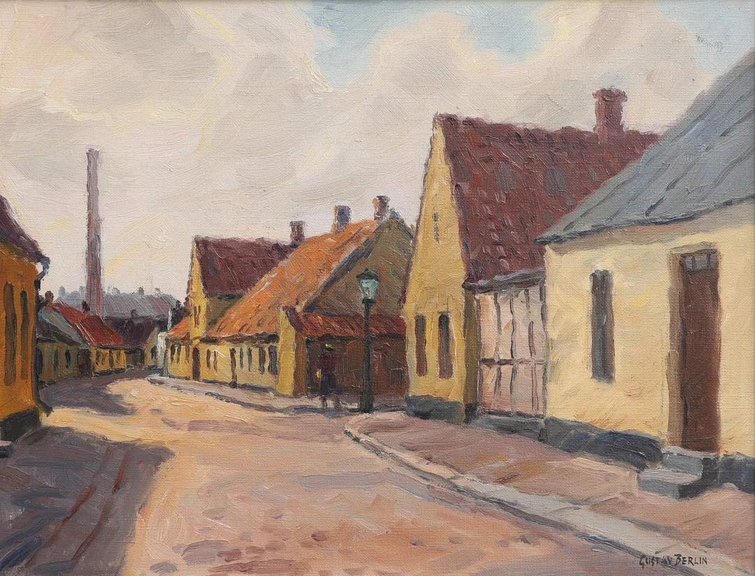 GUSTAV BERLIN. "LUND, STORA TVÄRGATAN FRÅN BANKGATAN". — Paintings — Crafoord Auktioner Lund
