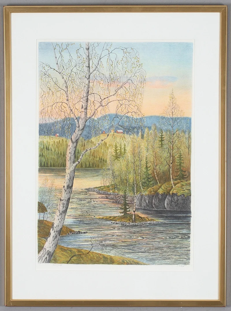 PER JULIUS. Vid sjön, litografi, signerad och numrerad 202/275. — Engravings & Prints — Stadsauktion Sundsvall