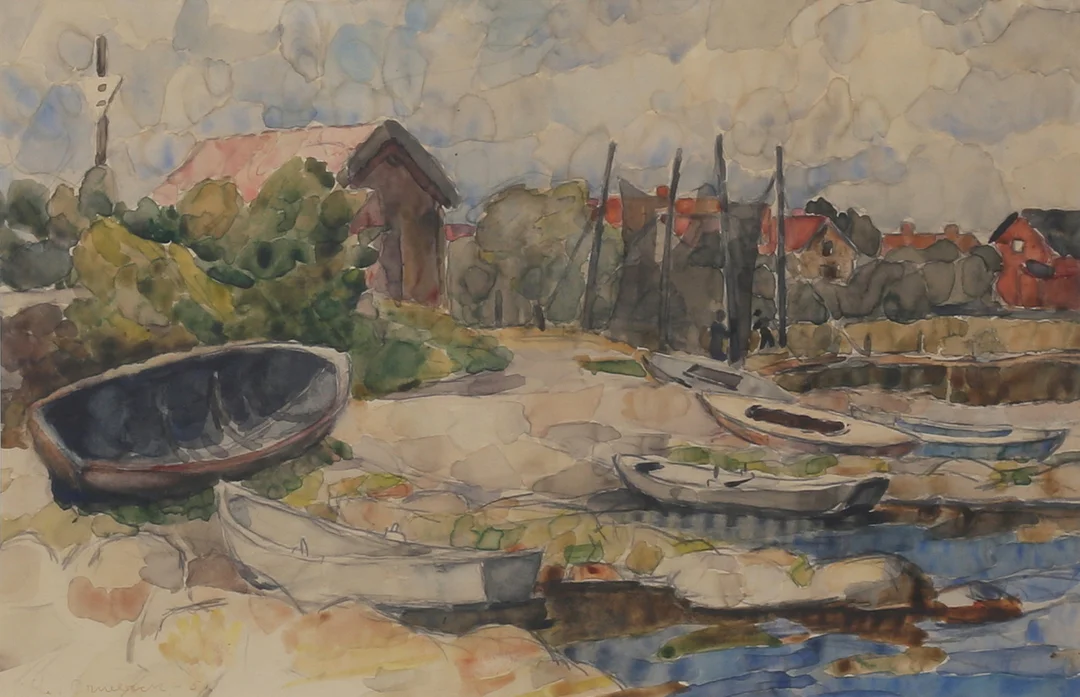LENNART ÖRNEBÄCK. Uppdragna ekor. Akvarell, signerad och daterad -51. — Paintings — Auktionshuset Thelin & Johansson