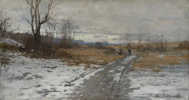 VICTOR FORSSELL (1846-1931). Vinterlandskap med promenerande man, olja på duk, signerad.