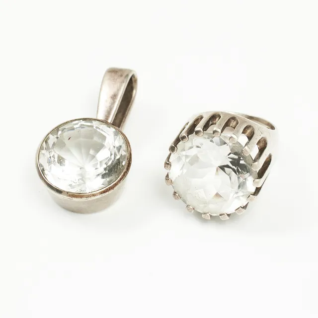 HERIBERT ENGELBERT, hänge, ring, silver, fasettslipade bergkristaller, Stockholm 1965 resp 1954.