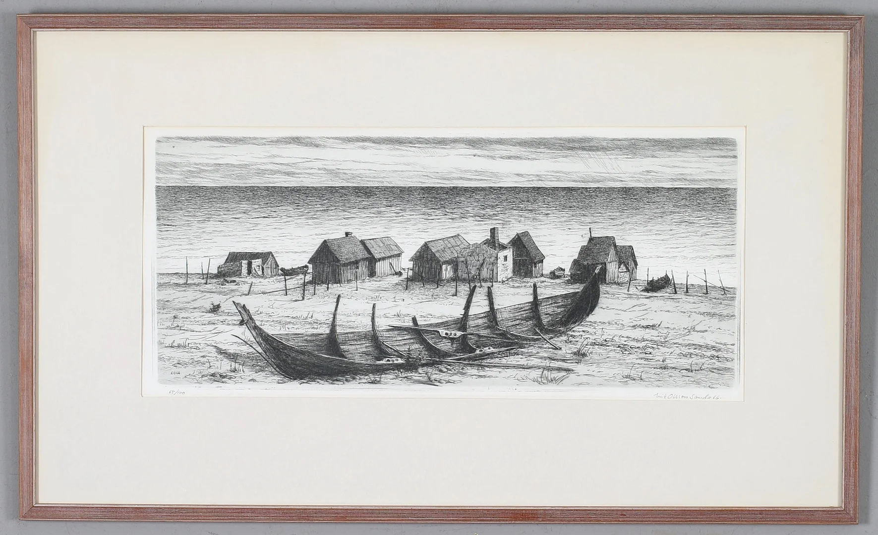 ERIK OLSSON SANDA. Gamla fiskelägret, etsning, signerad och numrerad 65/100. — Engravings & Prints — Stadsauktion Sundsvall