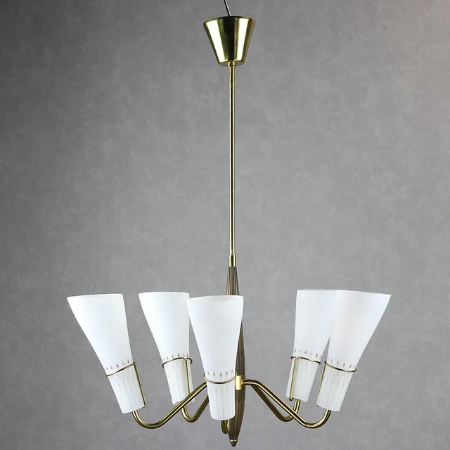 TAKLAMPA, trä, mässing, 5-armad, glas, 1950-tal.