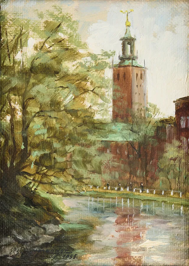 ELSE HERMANSSON (1900-1997). Vy från Karlbergskanalen mot Stockholms stadshus.