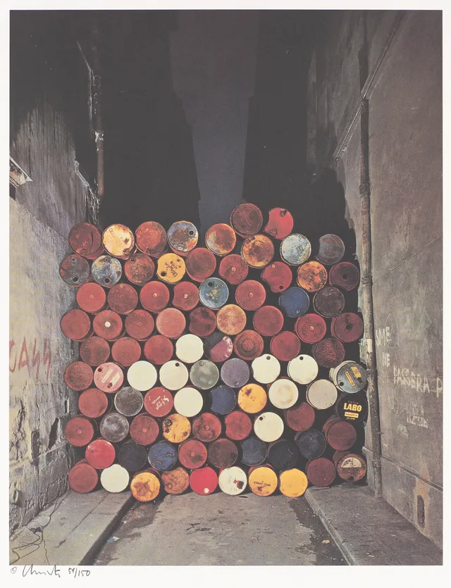 Christo & Jeanne-Claude — "Wall of Oil Barrels - The Iron Curtain, Rue Visconti, Paris, 1961-62" 1990