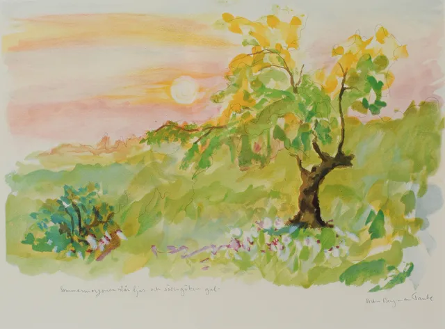 ASTRID BERGMAN TAUBE. "Sommarmorgonen står ljus och södergöken gal", offset tryck, signerad.