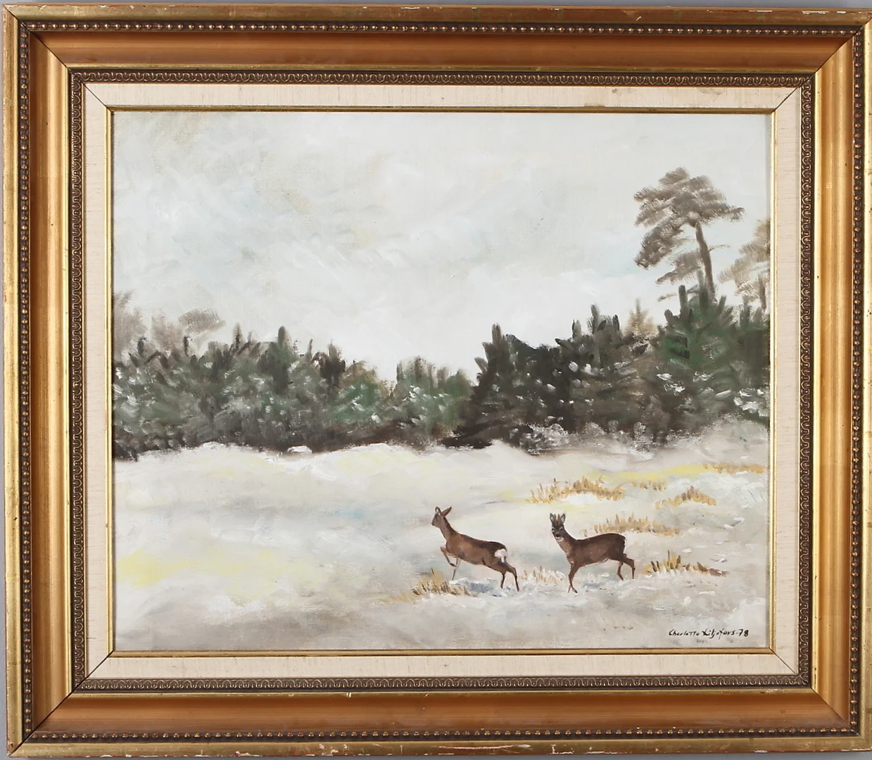 CHARLOTTA LILJEFORS. Landskap med hjortdjur, ola på duk, signerad och daterad -78. — Paintings — Auktionshuset Kolonn