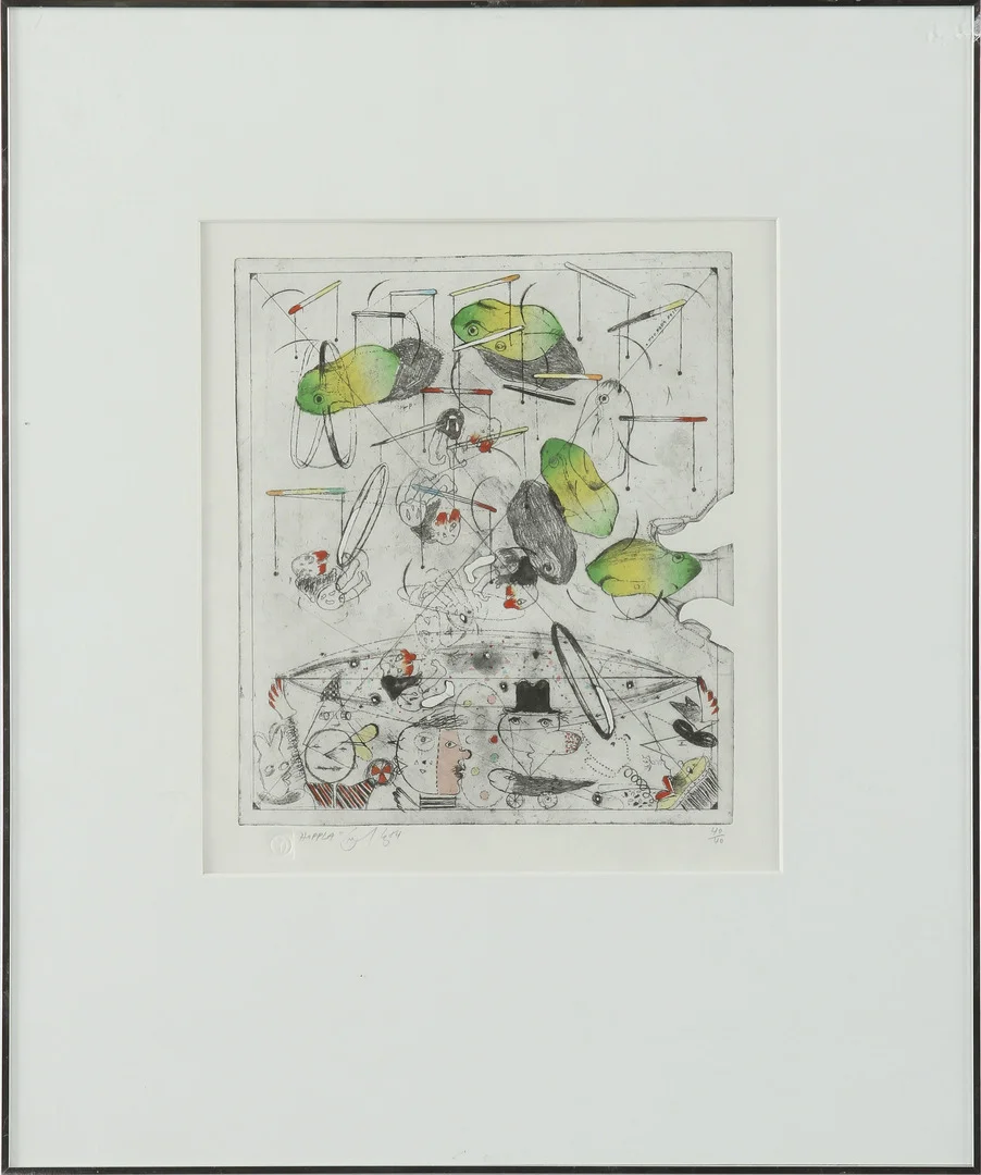 JORGO KRALLIS. Mjukgrundsetsning, akvarellerad, 40/40, signerad. "Hoppla". — Engravings & Prints — Göteborgs Auktionsverk