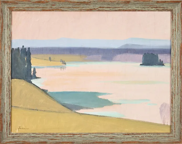 VERA FRISÉN. Landskap med sjö, olja på duk uppklistrat på pappannå, 44 x 57,5 cm.