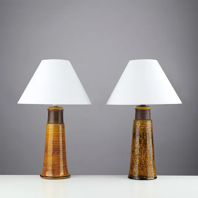 NILS KÄHLER. A pair of table lamps made of yellow glazed stoneware with embossed patterns, Herman A. Kählers fabrik, Næstved, Denmark, 1960s, (2).