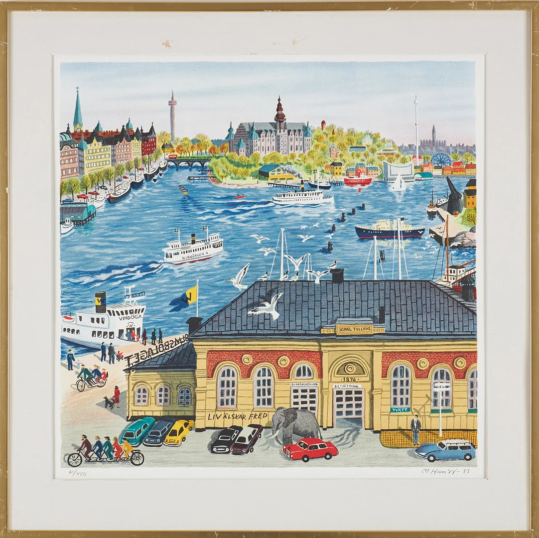 MONA HUSS WALIN. Stockholmsmotiv, färglitografi, daterad 83, signerad och numrerad 61/450. — Engravings & Prints — Stockholms Auktionsverk Sickla