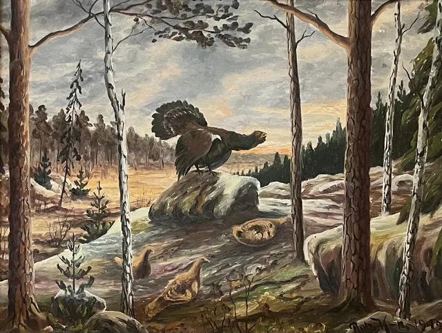 ROBERTH KARLSSON. Skogslandskap med tjädrar. Olja på pannå, signerad och daterad 1942.