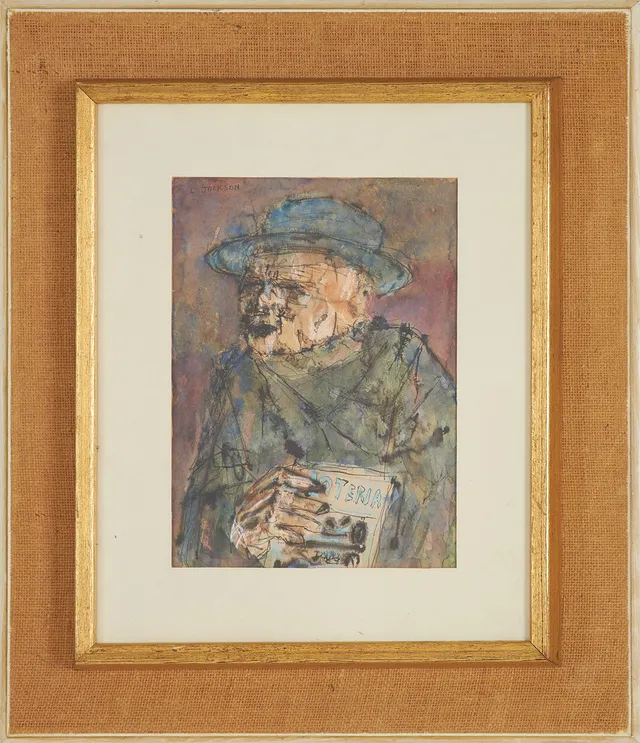 CLIFFORD JACKSON. (USA/SVERIGE 1927-2006). Man med lotter, blandteknik på papper, signerad.